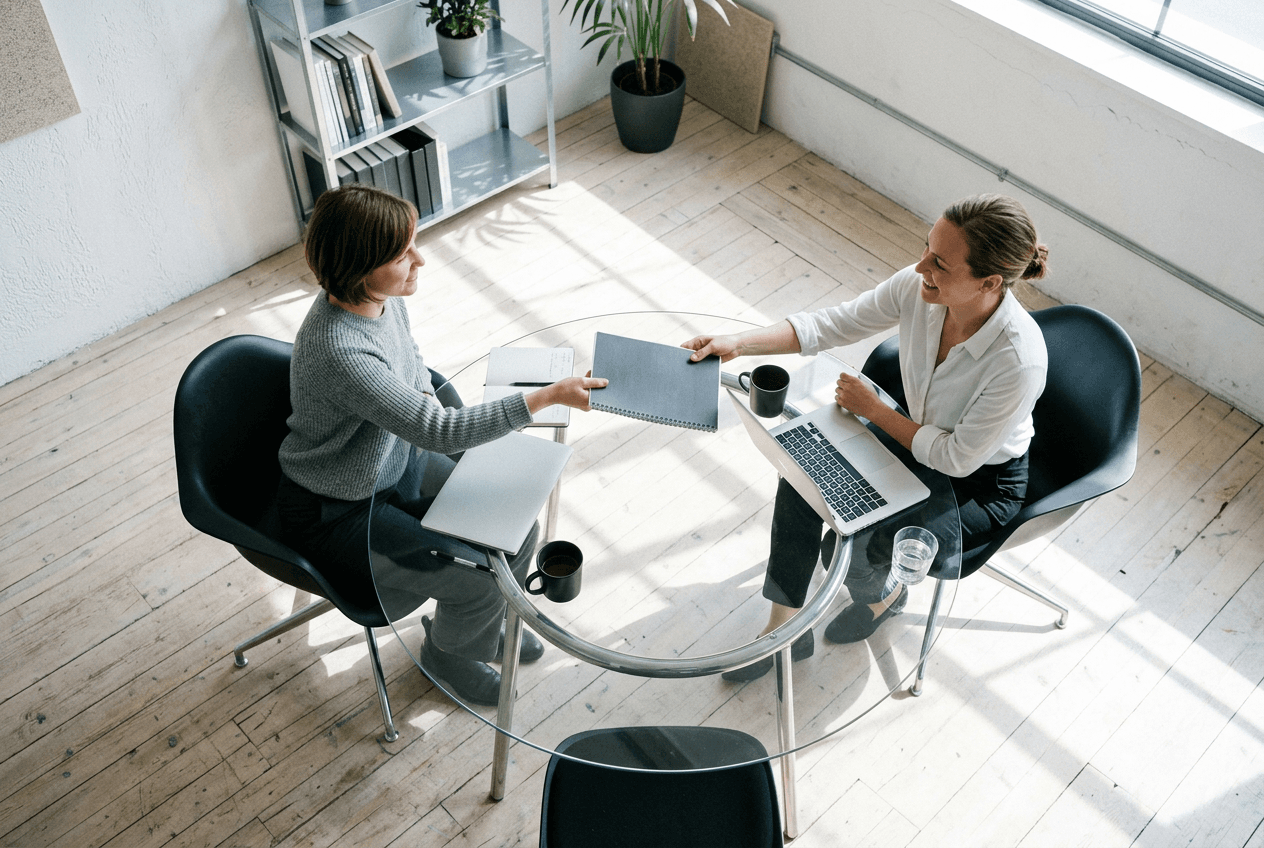 Two colleagues passing a bound agreement across a glass table in a bright studio office