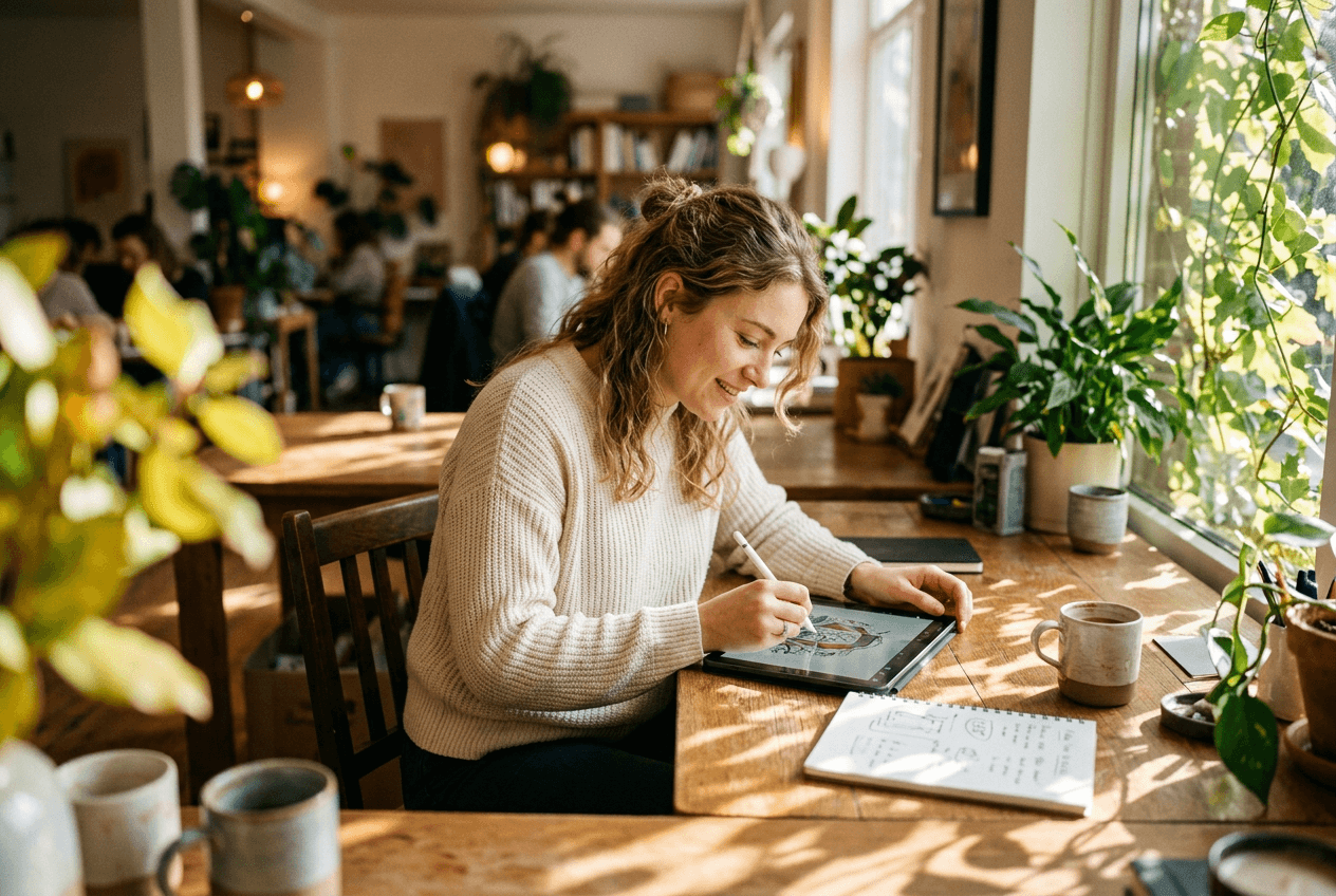 A freelance designer sketching on a tablet at a sunlit shared desk