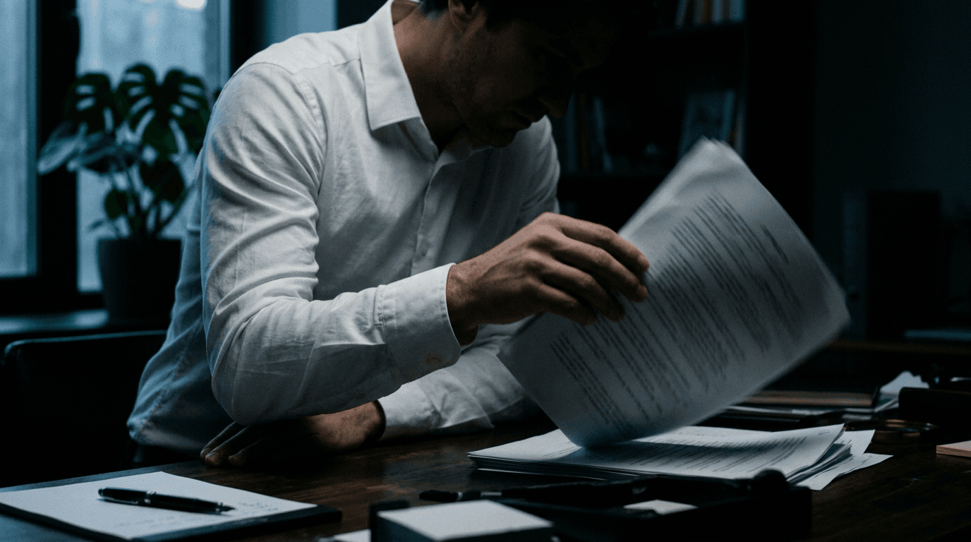 A founder in a white shirt lifting a stack of printed contract pages at a dark desk
