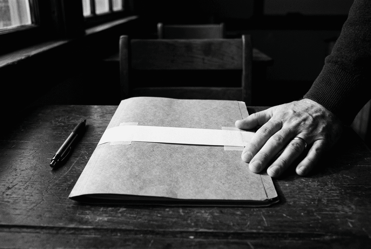 A hand resting on a sealed manila folder on a dark wooden desk, in black and white