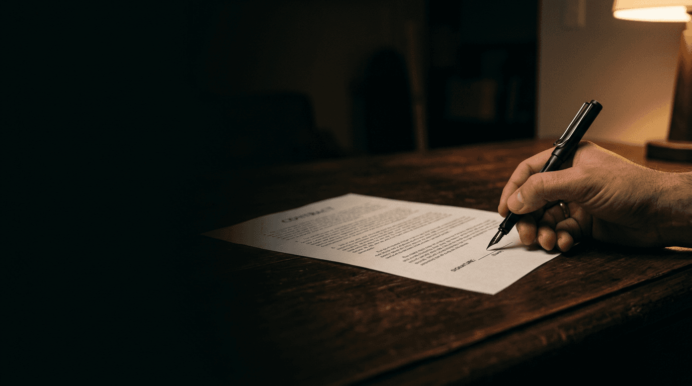 A hand holding a fountain pen over a printed contract on a dark desk