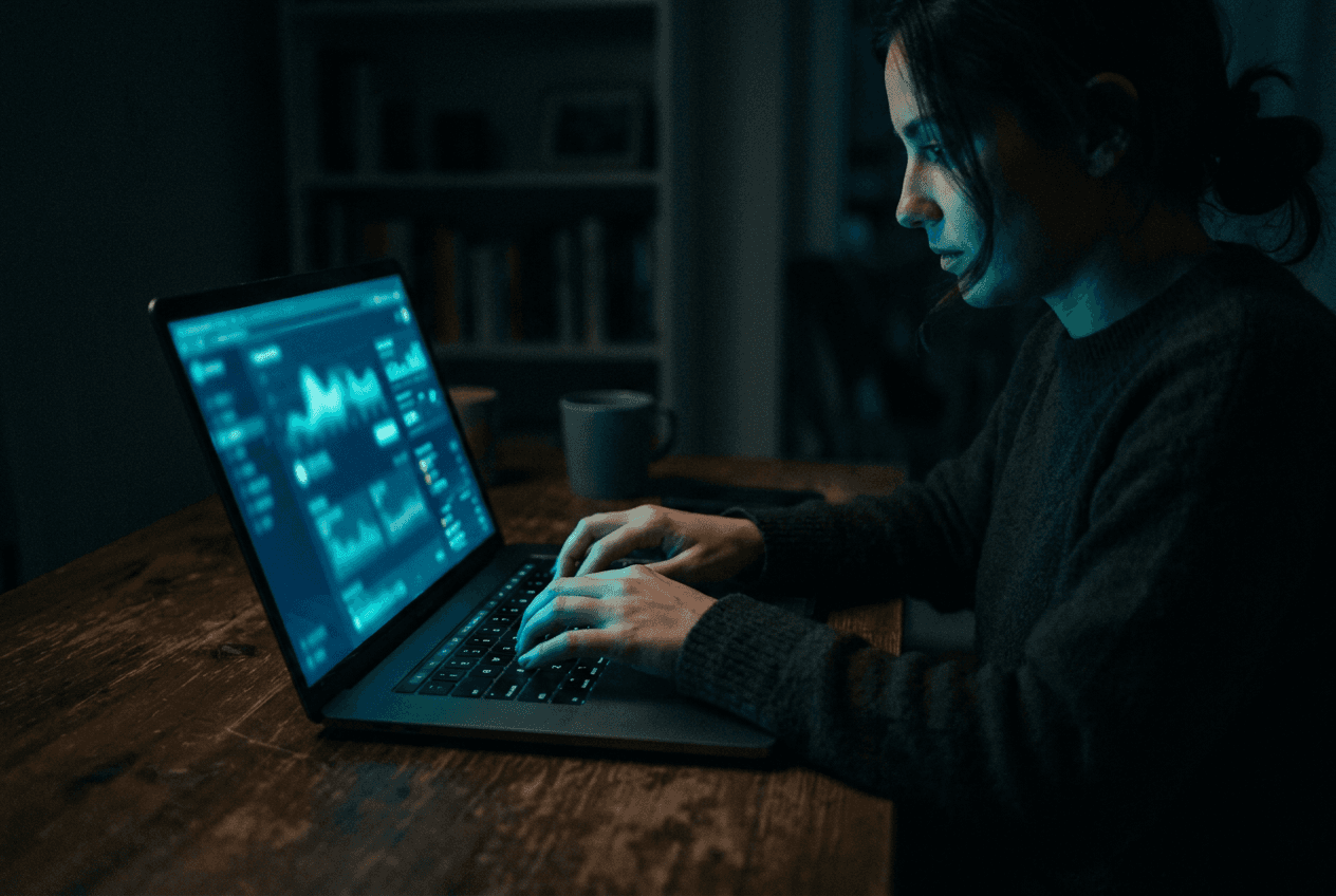 A founder typing on a laptop at night, the screen lighting her face blue
