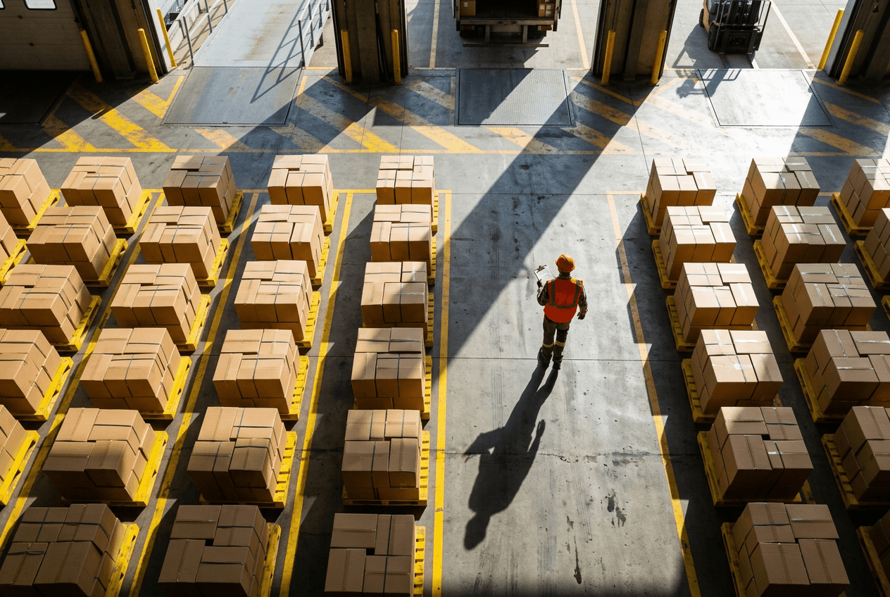 A worker in a hi-vis vest walking between rows of pallets in a warehouse, seen from above